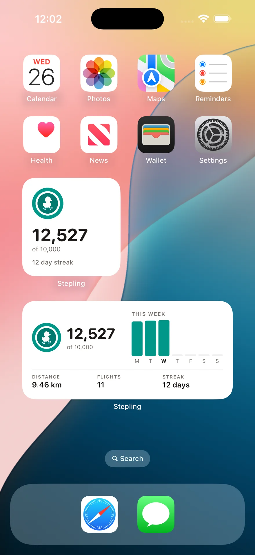 The Stepling step widget on an iPhone Home Screen in small and medium sizes, showing 12,527 steps of 10,000, a 12-day streak, this week's bars, 9.46 km and 11 flights.