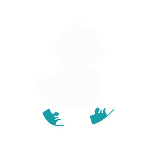 Stepling the duckling, the mascot of the Stepling step counter app, walking in teal sneakers.